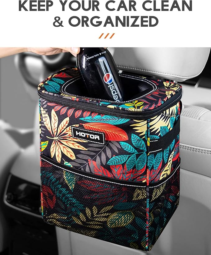 HOTOR Car Trash Can, Compact Waterproof Organizer, Leak-Proof Bin, 2-Gallon | Autumn Leaves, Multifunctional Car Accessory with Adjustable Straps & Magnetic Snaps for Interior Car Storage - Image 2