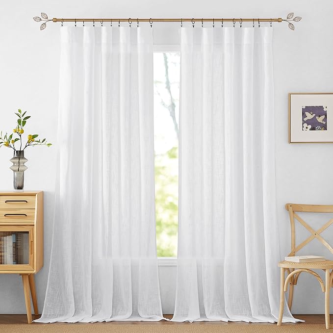RYB HOME Extra Long Sheer Curtains 108 inches Long for Living Room | Semi Transparent Window Drapes, Boho Window Decor, for Bedroom Front Door High Ceiling Window, White, W70 x L108, 1 Pair by RYBHOME