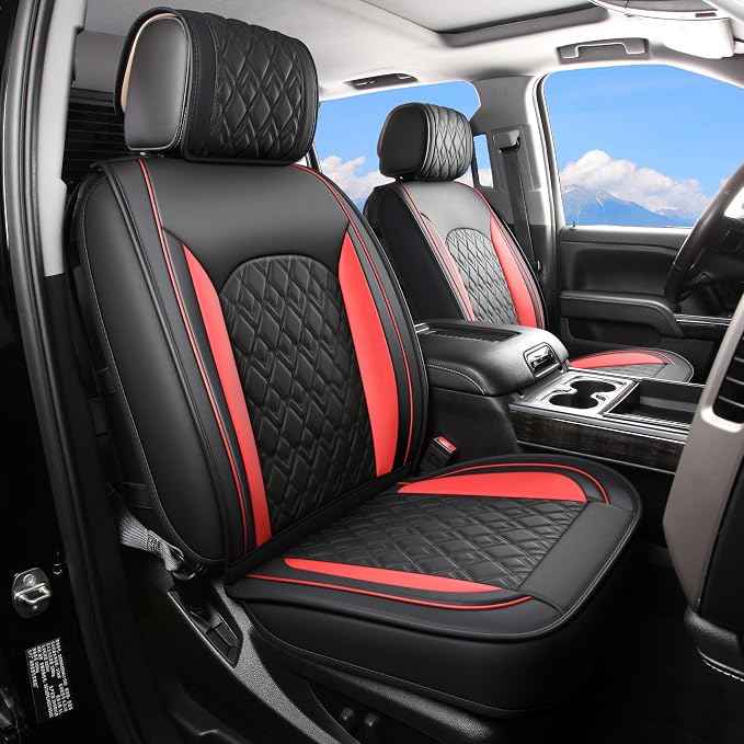 Chevy Silverado Seat Covers,Leather Seat Covers for GMC Sierra,Custom Fit 2007-2026 1500 2500HD 3500HD Crew Double Extended Regular Cab,LT LZT RST Trail Boss(Front Pair,Black Red) by JOJOBAY