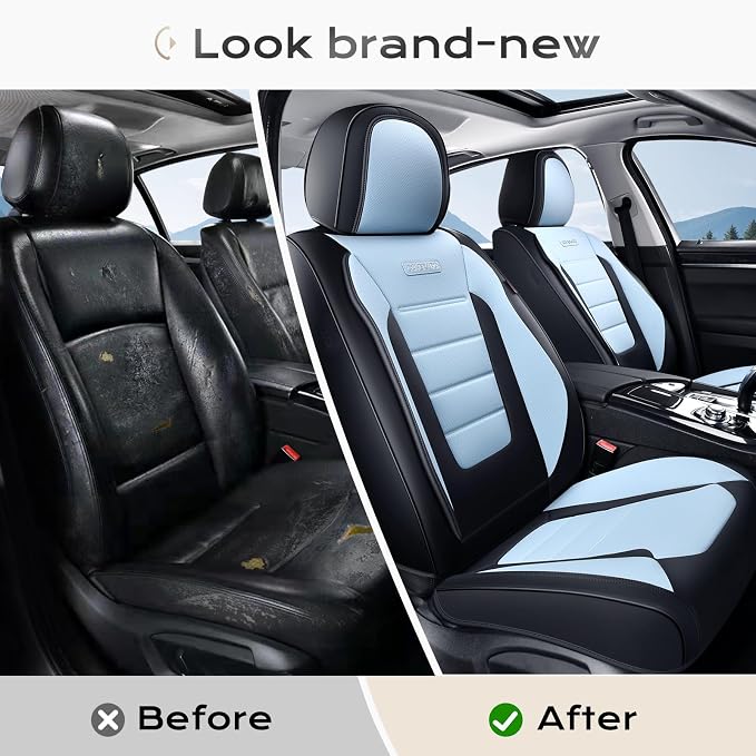 Coverado Car Seat Covers Front, Seat Covers for Cars, Waterproof 2-Pack Car Seat Cushions, Leather Carseat Seat Protectors, Universal Seat Covers Fit for Most Sedans Pick-up Trucks(Black&Light Blue) - Image 8