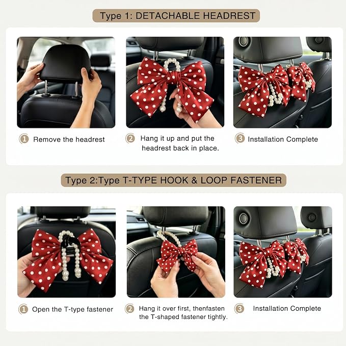 2 Pack Pearl Car Seat Headrest Hook with Bow & Sequin/Leopard/Polka Dot Design – Cute Purse Hanger for Vehicle,Grocery Bags, Umbrellas, Seat Back Organizer for Women (Red Polka Dot) - Image 6