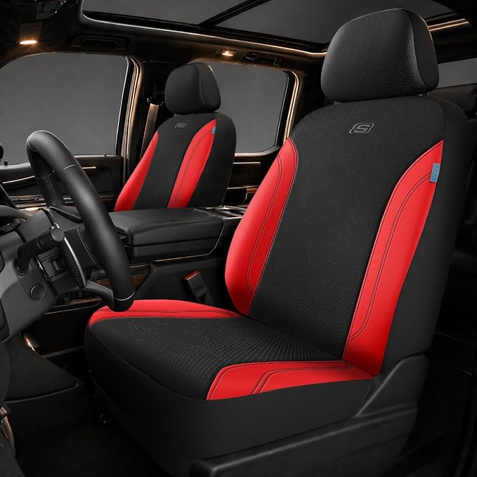 Skechers Car Seat Covers, Work Leather Seat Covers 5-Times Stronger Built-in Webbing, Oxford Fabric Front Seat Cover, Airbag Compatible, Automotive Comfort for Cars, Trucks, SUVs,Red by Unknown