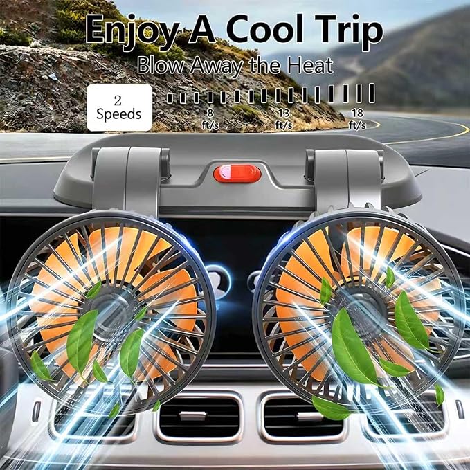 24V Dual Head Car Fan, Heavy Duty Truck Fan with 2 Speeds, 360° Rotatable Dashboard Air Circulator for Semi-Truck, Bus, RV, Excavator, Tractor, Cigarette Lighter Powered - Image 3