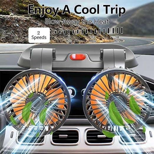 24V Dual-Head Car Fan, Heavy Duty 360° Rotatable Dashboard Fan with 2 Speeds, Powerful Cooling Fan for Truck Bus Semi RV Agricultural Vehicle - Image 3