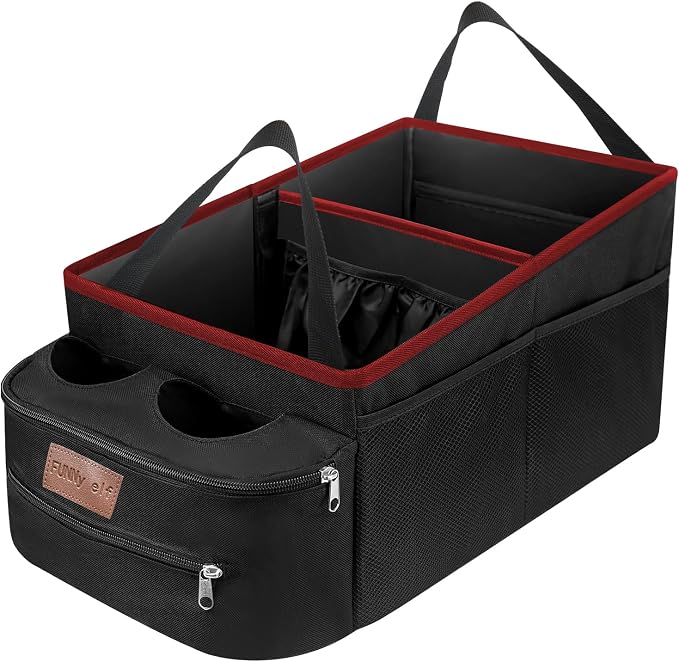 FUNNy elf Car Seat Organizer with 4 Cup Holders(Red) | Foldable Design, Durable Oxford Material, Smooth Handle, Anti-slip Base, Big Capacity Car Caddy Organizer for Easy Storage by FUNNy+elf