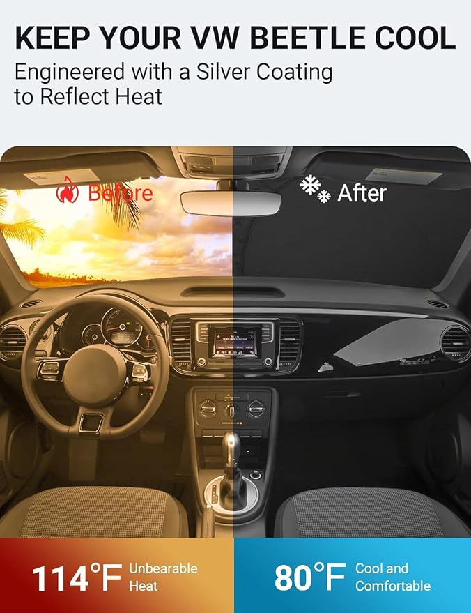 Proadsy Custom Fit Car Windshield Sun Shade for 2012-2019 Volkswagen Beetle | 240T Heat Shield, Drops Temp 54°F, Blocks 99% UV, Prevents Dashboard Cracking, Summer Parking & Beach Trips, Easy Twist-Fold - Image 2