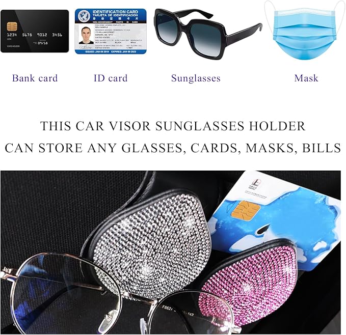 KVAEY Bling Sunglass Holder for Car Visor, Magnetic Leather Visor Clip Glasses Holder with Sparkling Rhinestones, Crystal Visor Ticket Card Clip for Women Girls, Car Accessories (Black & Pink) - Image 5