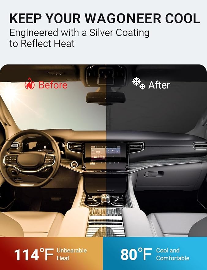 Proadsy Custom Fit Car Windshield Sun Shade for 2022-2026 Jeep Wagoneer | 240T Heat Shield, Drops Temp 54°F, Blocks 99% UV, Prevents Dashboard Cracking, Summer Parking & Beach Trips, Easy Twist-Fold - Image 3