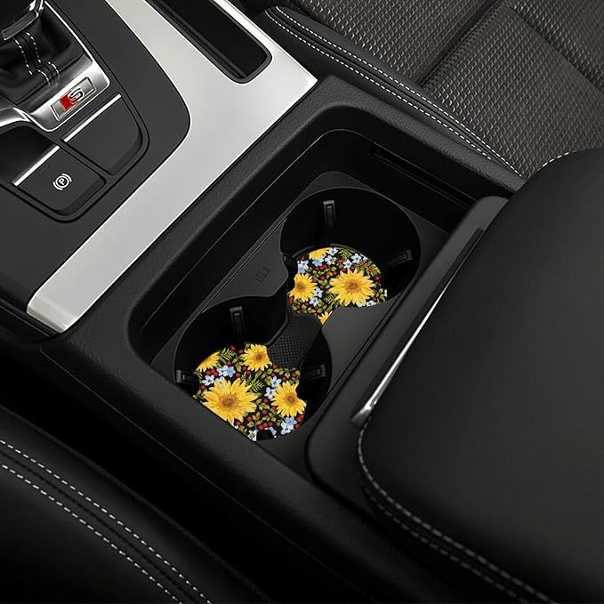 Steering Wheel Cover Sunflower Car Accessories + 2 Pieces Coasters | Universal 14-15 Inch Neoprene Auto Interior Decor Anti Slip Car Protector for Women Men - Image 7