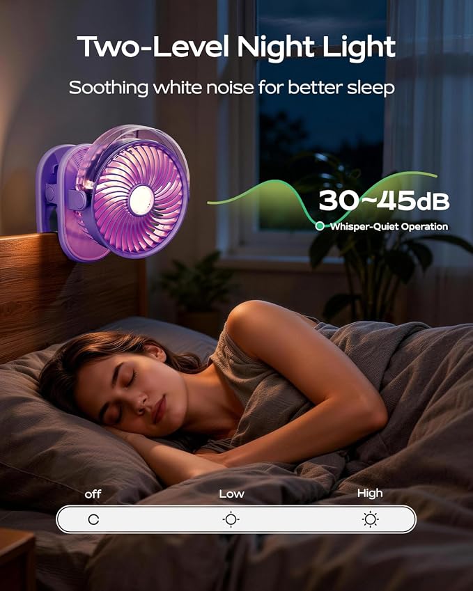 SWEETFULL Portable Misting Clip On Fan, USB-C Rechargeable Mini Personal Cooling Fan with 4 Speeds, 360° Rotatable, Quiet Cooling for Outdoor, Camping, Golf Cart, Travel, Stroller & Desk (Purple) - Image 5