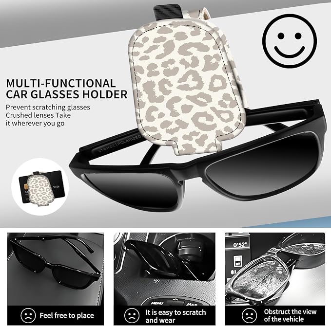 Leather Magnetic Sunglass Holder for Car Sun Visor, Cute Eyeglass Ticket Card Hanger Clip, Universal Auto Interior Accessories for SUV Pickup Truck Beige Leopard Print - Image 2