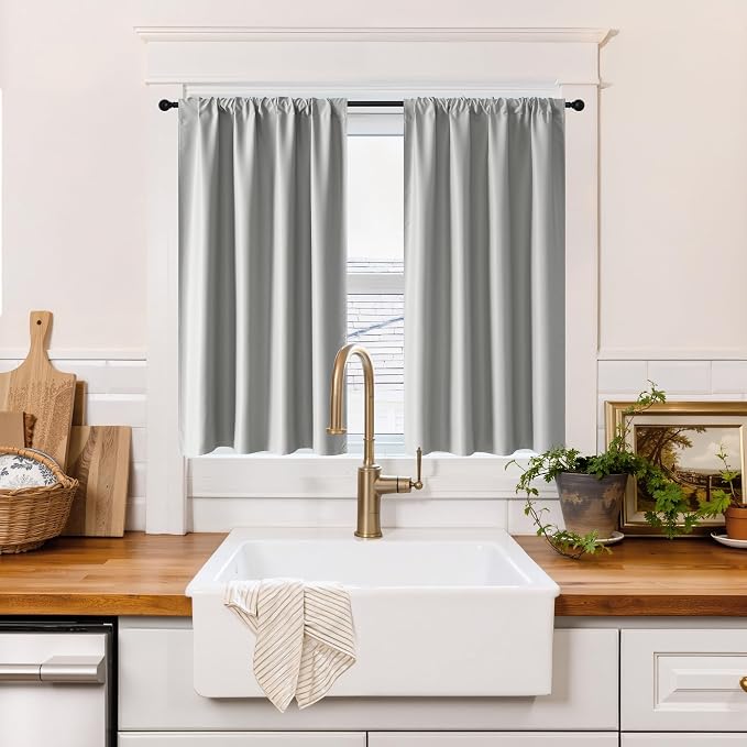 RYB HOME 100% Blackout Basement Curtains 36 inches Long, Heat & UV Blocking | Total Room Darkening, Noise Reducing, Curtains for Bathroom RV Campers, W34 x L36, Sliver Grey, 2 Panels by RYBHOME