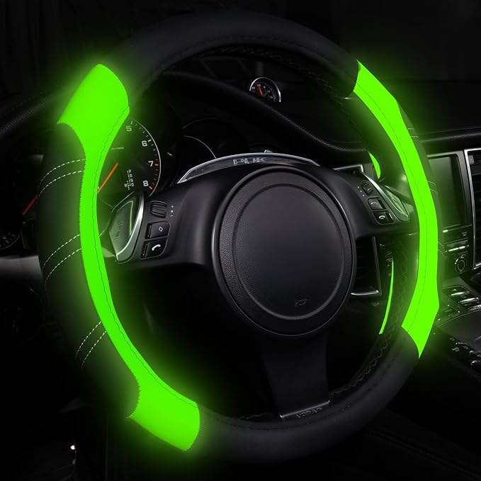 CAR PASS Line Rider Microfiber Leather Sporty Steering Wheel Cover Universal Fits for 95% Truck,SUV,Cars 14.5-15inch, Anti-Slip Safety Comfortable Design (Glows Lime Fluorescent Green) by CARPASS