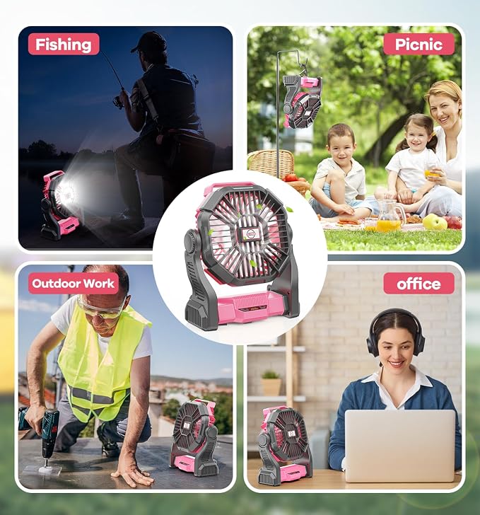 DOWILLDO 30000mAh Portable Battery Powered Camping Fan - with LED Light, Quiet Battery Operated, Camping Gear for Travel, Tent, Beach, Car or Hurricane Power Outages, Pink - Image 7