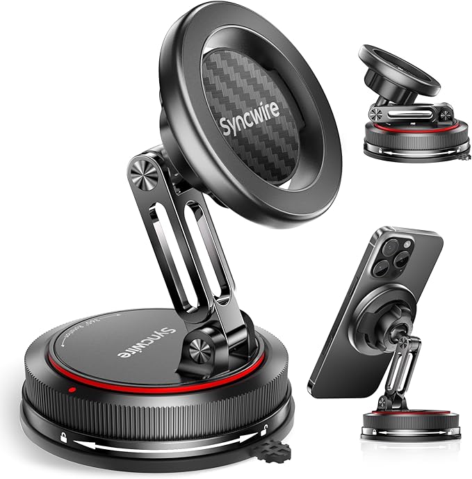 SYNCWIRE for MagSafe Car Mount [2-Axis Design] Nano Adhesive Gel + Suction Cup Magnetic Phone Holder for Dashboard & Windshield, 360° Adjustable for iPhone 17 16 15 14 13 12 11, Samsung, Carbon Fiber by SYNCWIRE