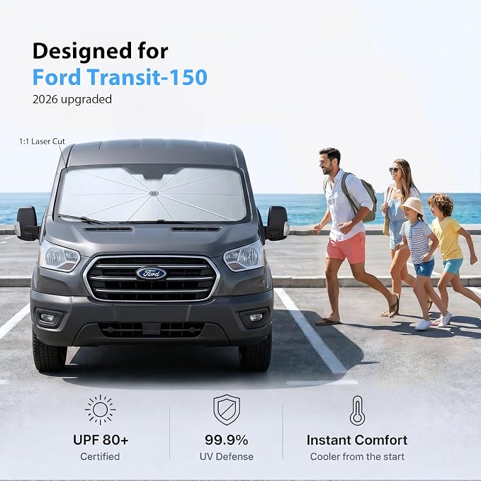 2026 Upgraded Windshield Sun Shade Umbrella for Ford Transit 150 [Precision Custom Fit, Superior UV & Heat Block] Cooling Tech Fabric, Durable Foldable with Storage Bag, Fits 2015-2025 - Image 2