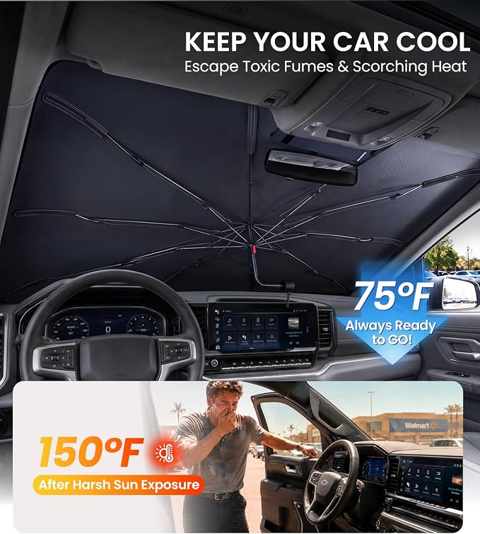 for Chevrolet Silverado 1500/2500 HD/3500 HD| Zanch Windshield Sun Shade Umbrella [99% UV Protection, Up to 75℉ Cooler] Custom Fit, Scratch-Free, Foldable Front Sunshade Umbrella, 2003-2026 - Image 3