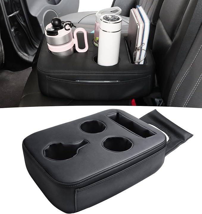 Back Seat Cup Holder for Car, PU Leather Couch Sofa Bed Boat Cup Holder | Console Cup Holder Tray Organizer for Trucks, Minivans, SUVs, RVs, Vehicles, Holds Drinks, Remote, Snacks, with Side Pockets by Sinvanho