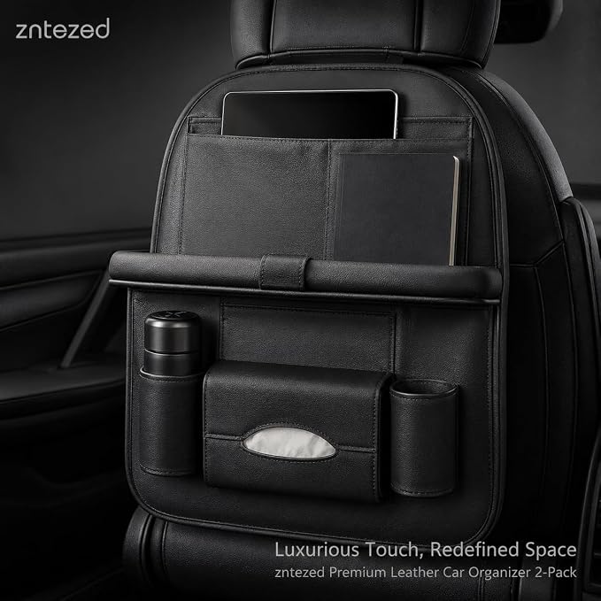 2 Pack Leather Look Car Backseat Organizer with Tablet Holder, Foldable Tray, 8 Storage Pockets, Cup Holder, Tissue and Umbrella Slots, Seat Back Protector Kick Mat for Cars SUVs Trucks - Image 3