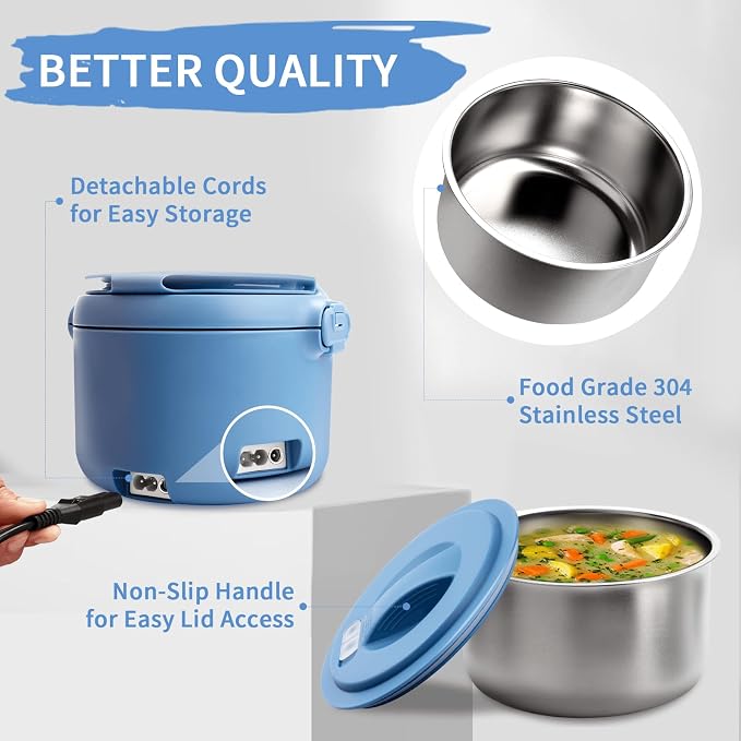 Electric Lunch Box, 32 oz Portable Food Warmer Heater, Lunch Warmer Portable for Work/Office/Car/Travel 12V/24V/110V 3-in-1, Warming Soup & Meal, Spill-Free, Men & Women's Gifts, Blue - Image 5