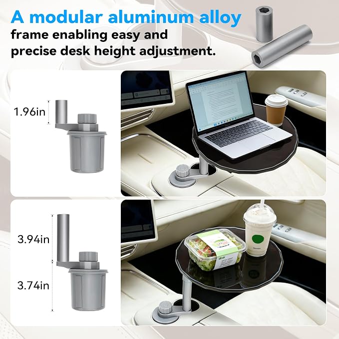 Updated 4-way Base 2 Height Modes Car Laptop Desk, Car Desk for Laptop Rotating Solid Birch Wood Cup Holder Tray, Cup Holder Table for Model 3/Y & Most Vehicles, Tesla Table, Mid Console Laptop Tray - Image 2