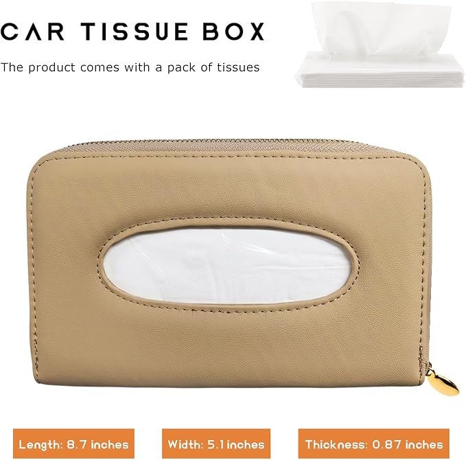 Car Tissue Box, Leather Auto Sun Visor Napkin Case Tissue Case Holder with Zipper, Sunvisor Paper Towel Storage Box Napkin Organizer for Most Vehicles, Car Accessories (Beige) - Image 2
