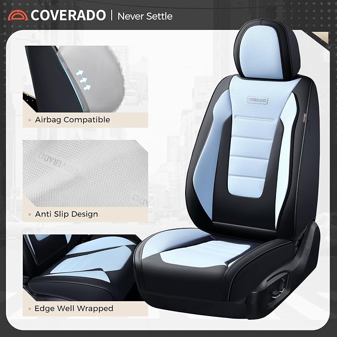 Coverado Car Seat Covers Front, Seat Covers for Cars, Waterproof 2-Pack Car Seat Cushions, Leather Carseat Seat Protectors, Universal Seat Covers Fit for Most Sedans Pick-up Trucks(Black&Light Blue) - Image 3