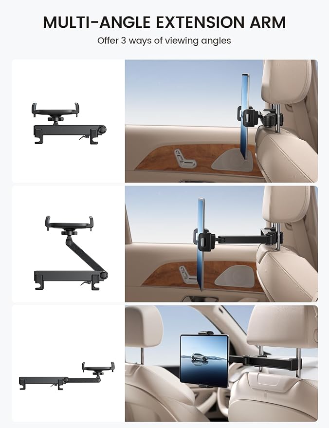 Lamicall Car Headrest Tablet Holder, Lockable Car Backseat Mount | 3 in 1 Extension Arm, Gifts Road Trip Essentials for Kids, for iPad Pro Air Mini, Fire HD, 4.7-13" Tablets - Image 3