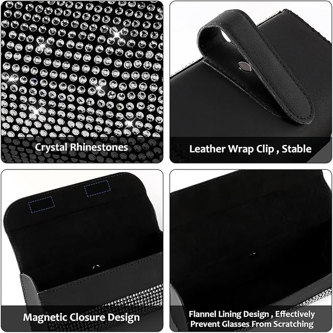 Osilly Bling Car Sunglass Holder for Sun Visor, Sparkling Crystal Leather Automotive Eyeglasses Mount Clip Organizer with Hidden Magnetic Closure for Men Women, Universal for SUV Truck Van（Black） - Image 3