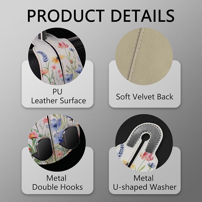 Blusabaca 2PCS Car Seat Headrest Hooks, Purses Bags Holder, Vibrant Floral | PU Leather, Double Metal Back Storage Hangers for Grocery Bags Handbags Bottles Coats Phones, Car Accessories Organization - Image 4