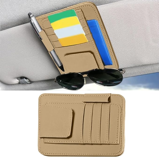 GLSOWEE Leather Car Sun Visor Organizer Clip with Sunglasses Holder, Beige | Universal Car Truck Visor Document Holder, Auto Visor Pocket Storage Pouch for Bill Card Registration/Driving License Pen by GLSOWEE
