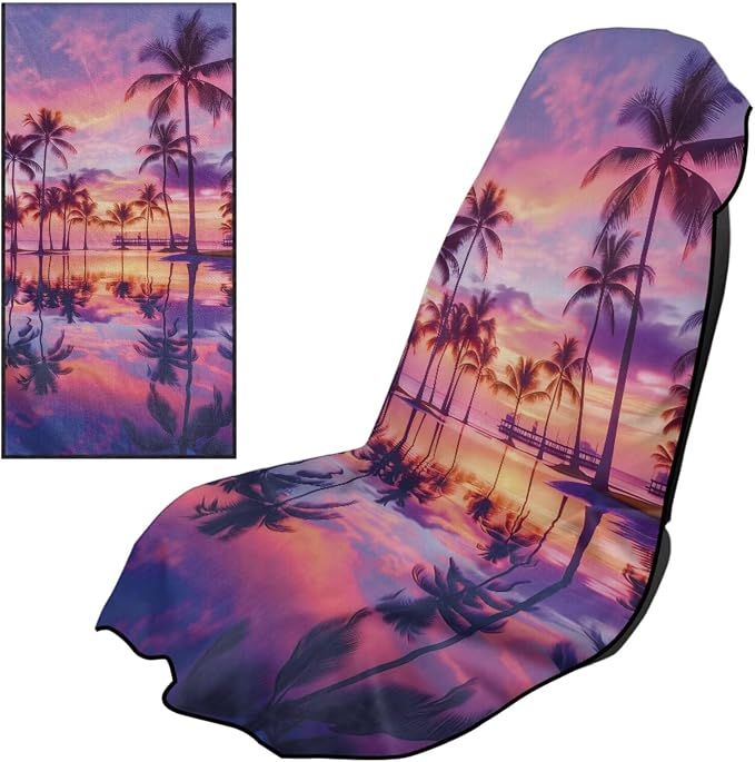 Horeset Sunset Palm Tree Car Seat Towel Cover – Quick-Dry & Washable Front Seat Protector, Universal Fit for Cars SUVs Trucks Sedans Vans, Hawaii Tropical Design by Horeset