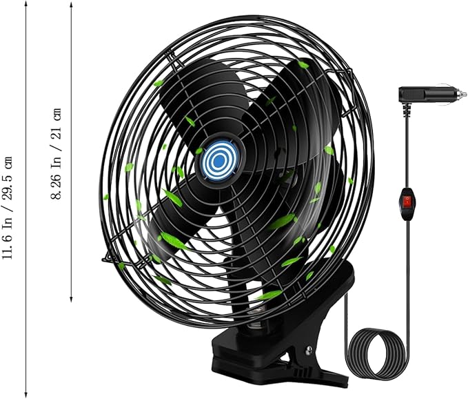 Ultra-Quiet Portable Car Fan, 8 Inch clip-on Cigarette Lighter Fan, All Metal 12V Golf Cart Fan, car seat fan, car cooling fan with Clip Cigarette Lighter Plug forTruck, Boat, Buses, Tractor,Camper - Image 2