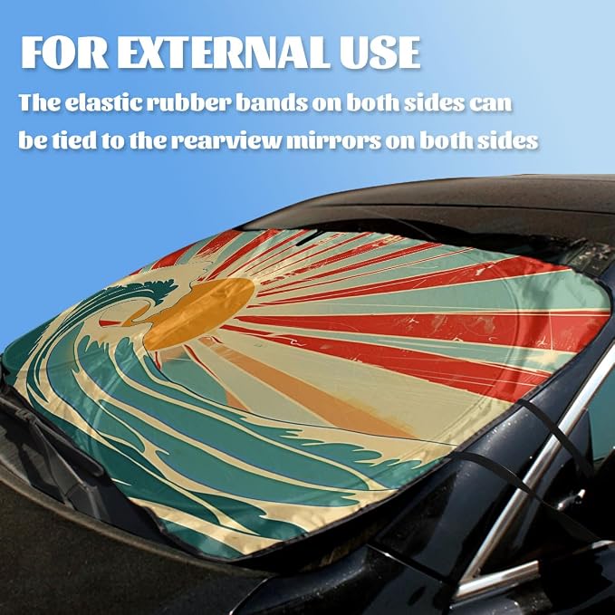 Vintage Wave Car Windshield Sunshades Ocean and Sun Red Blue Heatshield Front Window Car Sun ​Shade Windshield Blocks UV Rays Sun Visor Protector for Car Sedan Truck SUV Accessories 59x31.5 Inch - Image 3