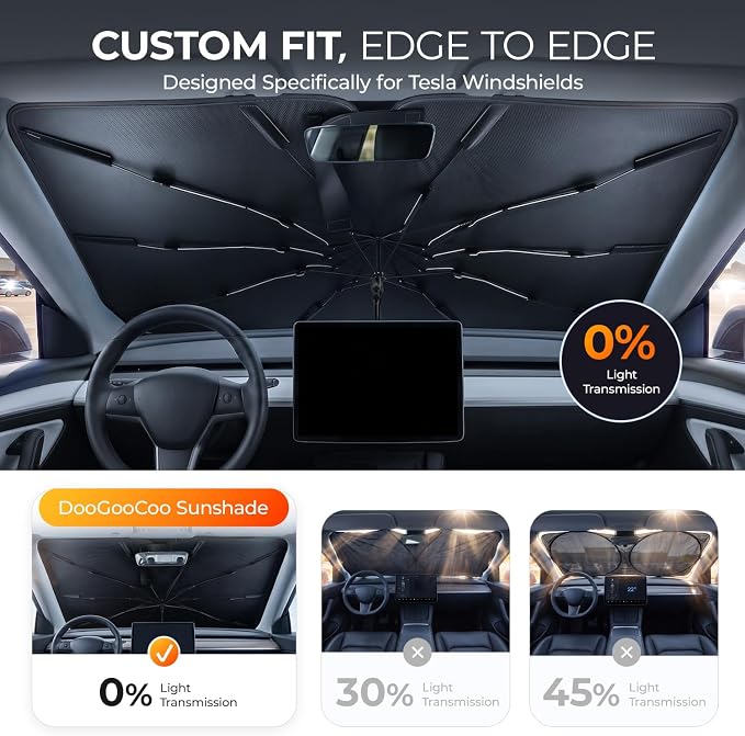 [2026 Upgraded] DooGooCoo Windshield Sun Shade Umbrella for Tesla Model Y, Model 3 [100% Sunlight Blocked, Cooling Ice Crystal] Sunshade for Car Windshield for Model Y & Model 3 Sunshade 2017-2026. - Image 5