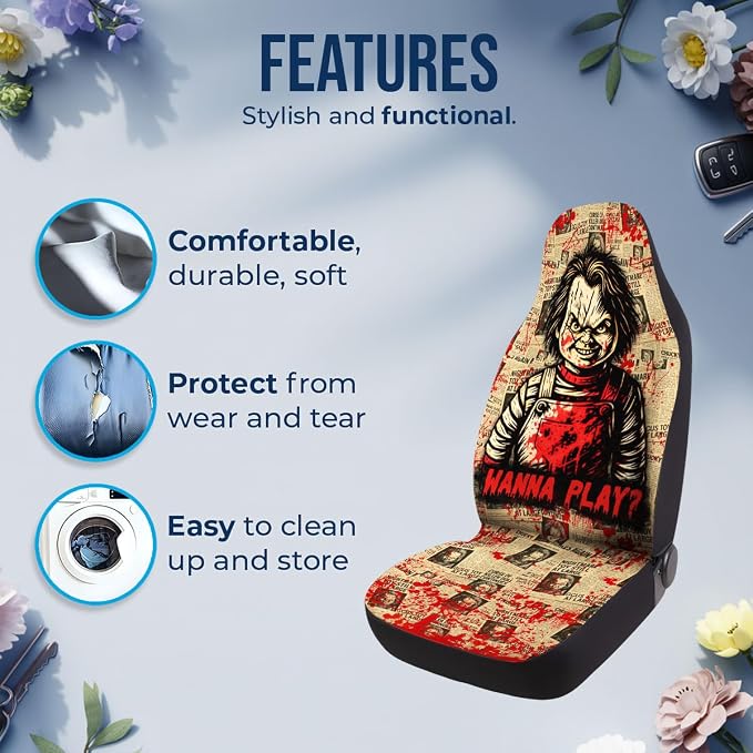 GENANY Creepy Doll Character Car Seat Covers, 2-Piece Front Seat Set | 2-piece polyester front seat cover set, each 49.5 x 19.6 inches, with adjustable straps and hooks - Image 5
