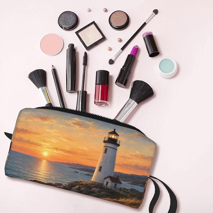 Lighthouse at Golden Sunset Makeup Bag for Women, Cosmetic Pouch | Double-Sided Sunset Lighthouse Cosmetic Organizer with Foam Padding for Women, Travel, Gym, School, and Daily Storage - Image 6