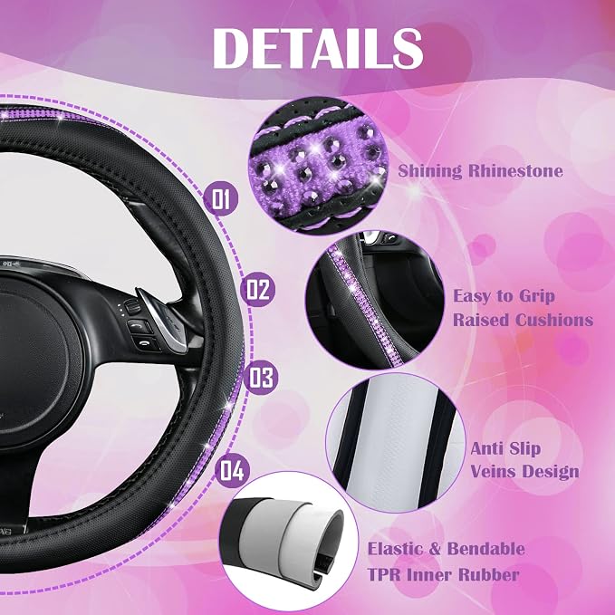CAR PASS Bling Diamond Black Leather Steering Wheel Cover, Studded Crystal Rhinestones Universal Fit 14" 1/2-15" Glitter for Women Sparkle Girl Fit Suvs,Vans,Sedans,Car,Trucks, Purple Diamond - Image 4