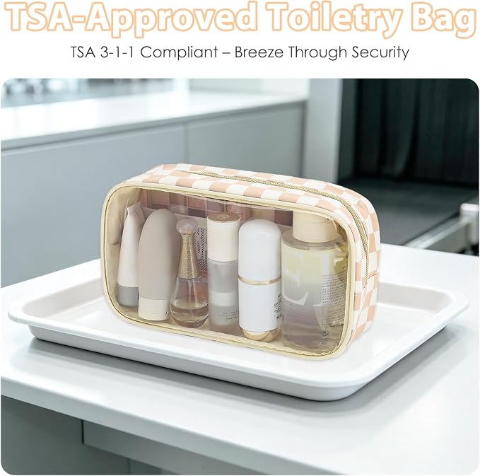 Fammart Clear Travel Makeup Bag for Women, TSA Approved Checkered Cosmetic Bag Make Up Car Organizer Case with Zipper, Large Waterproof Pouch Purse Toiletry Bag for Skincare, Brushes Travel Essentials - Image 2