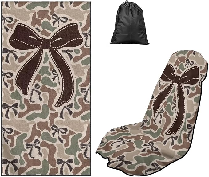 Camo Bow Car Towel Seat Cover 1Pack Soft Comfortable | Breathable Car Seat Cover Protector, with Storage Bag, Easy to Store, for Cars, Trucks, Sedans, Vans, SUVs by Aplkyhs