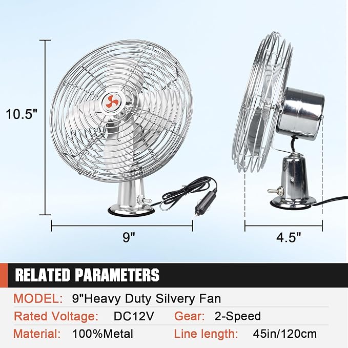 12V Portable Fan RV | Truck Cooling Heavy Duty 9" Metal Clip-On Car Fan Bus | Boat | Forklift | Car | Camper | Lawn | Mower | Tractor 2-Speed High Velocity Silver - Image 7