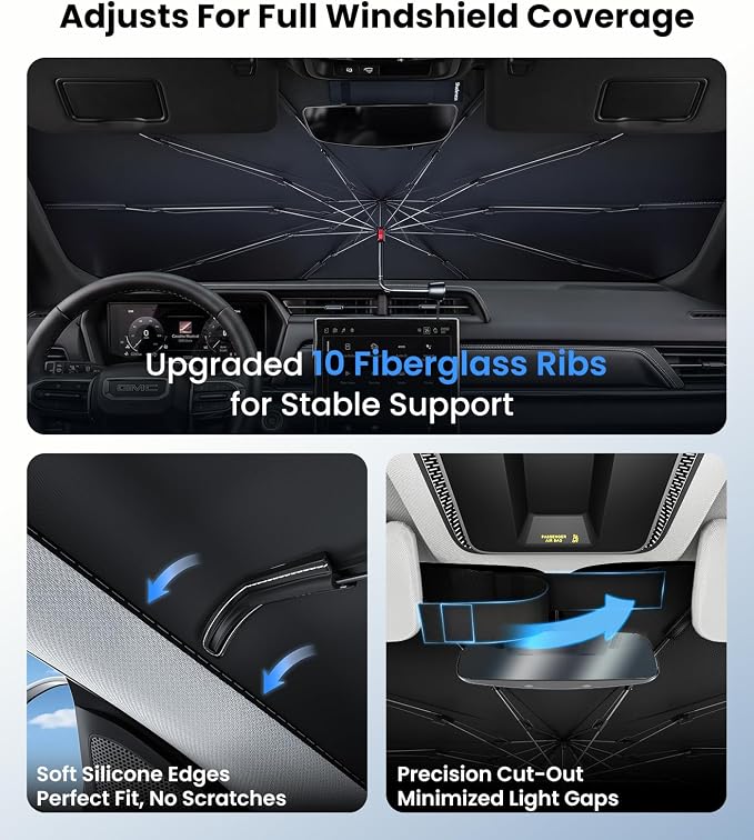 Zanch Windshield Sun Shade Umbrella for GMC Acadia & Terrain 2010-2026 | [99% UV Protection, Up to 75℉ Cooler] Snug Fit, Scratch-Free, Built to Last, Foldable Front Sunshade Umbrella for SUV - Image 5