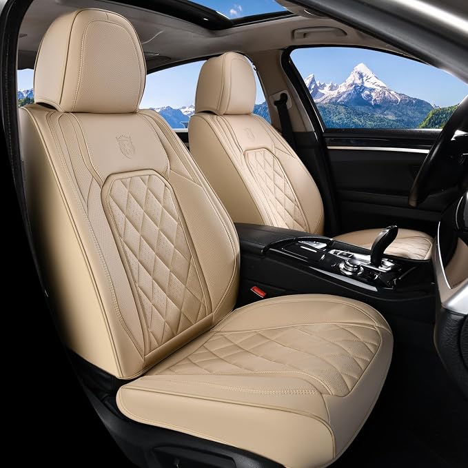 Coverado Front Seat Covers, 2-Pack Luxury Faux Leather Car Seat Cover, Beige Seat Covers, Car Seat Protector Waterproof, Car Seat Cushion Driver Seat Cover Universal Fit for Most Cars, Beige by COVERADOAUTO