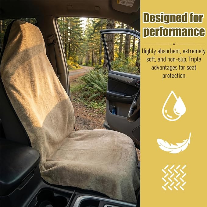 Car Towel Seat Cover, Waterproof Non-Slip Automotive Towel Protective Cover, Sweat-Proof Machine Washable Removable Carseat Vehicle Front Seat Mat Protector, Universal Fit (Beige) - Image 3