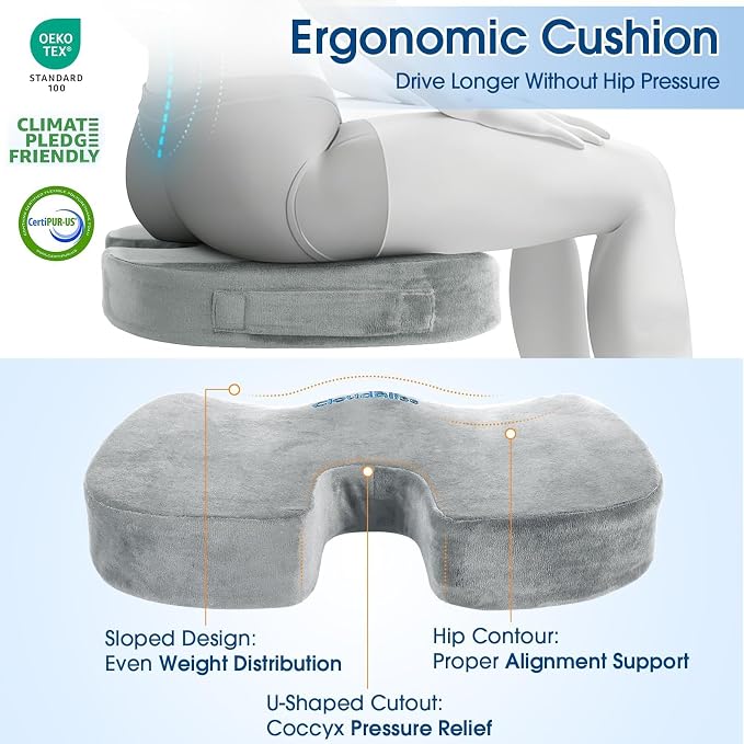 CloudBliss Lumbar Support Pillow & Seat Cushion Set for Office Chair,Desk Chair,Wheelchair & Car–Memory Foam Back Support, Ergonomic Chair Cushions, Sciatica Pain Relief,Home Essentials(Light Grey,XL) - Image 6