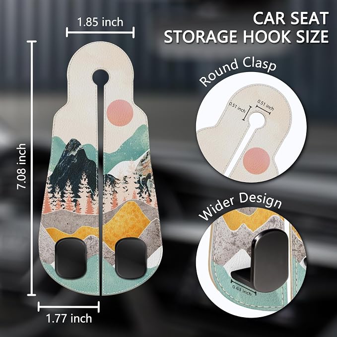 Blusabaca 2PCS Car Seat Headrest Hooks, Purses Bags Holder, Sunrise | PU Leather, Double Metal Back Storage Hangers for Grocery Bags Handbags Bottles Coats Phones, Car Accessories Organization - Image 5