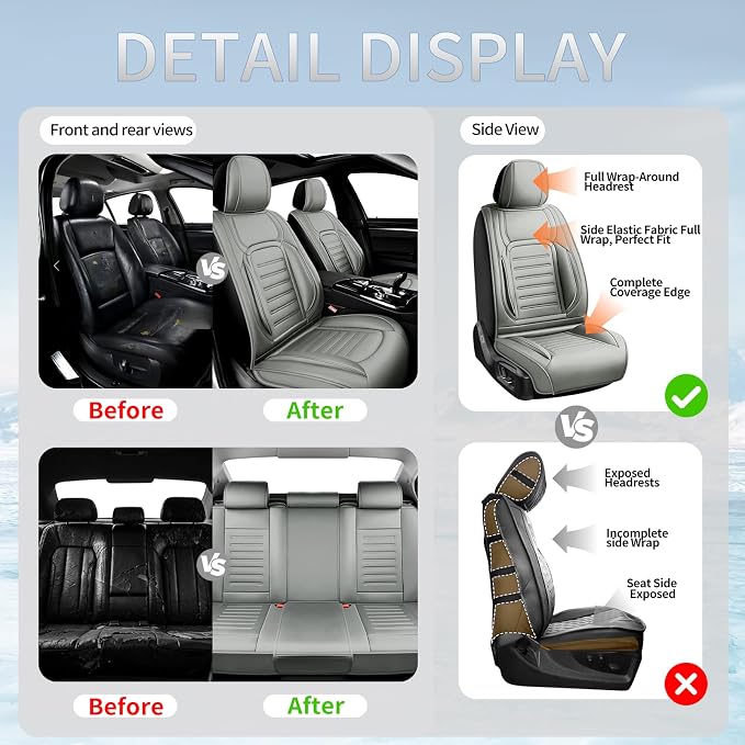 Fit Sienna Car Seat Covers for Toyota Sienna 2007-2025 2026 -Premium Leather, Waterproof，Breathable，All-Weather Seat Cushion Protecto & Airbag Compatible, 2 Front Seat Gray - Image 5