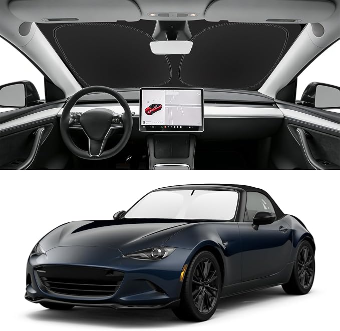Custom Fit Windshield Sun Shade for Mazda MX-5 Miata 2016-2025 | Blocks UV Rays and Sun Heat, Helps Reduce Interior Temperature, Protects Dashboard from Fading, Folds Easily for Storage by SLOGENTO