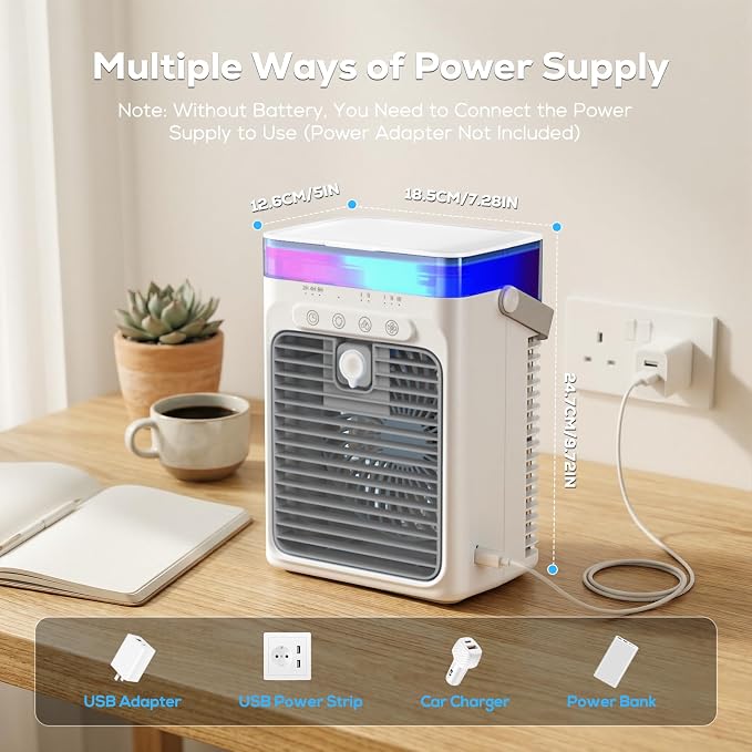 Portable Air Conditioners, Personal Evaporative Air Cooler, 3-Speed Small AC Fan, 8H Auto-off, Mini Air Conditioner, Cooling Fan for Car, Desktop, Camping, Bedroom, Office (Gray) - Image 7