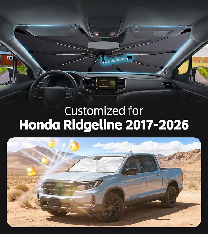 Windshield Sun Shade for Honda Ridgeline 2017-2026 with 360° Rotating Shaft | Custom Fit Umbrella Sunshade for UV Blocking, Interior Heat Protection, Easy Storage, UPF 50+ Cool Windshield Cover - Image 2